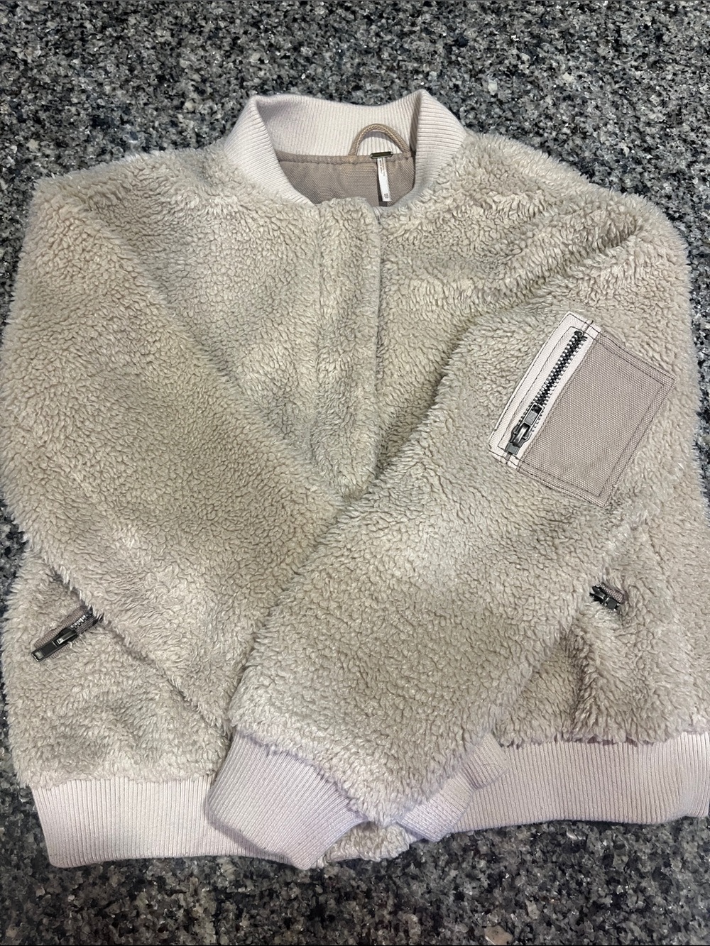 Free People Cream Sherpa Bomber Jacket with Zip Sleeve Pocket